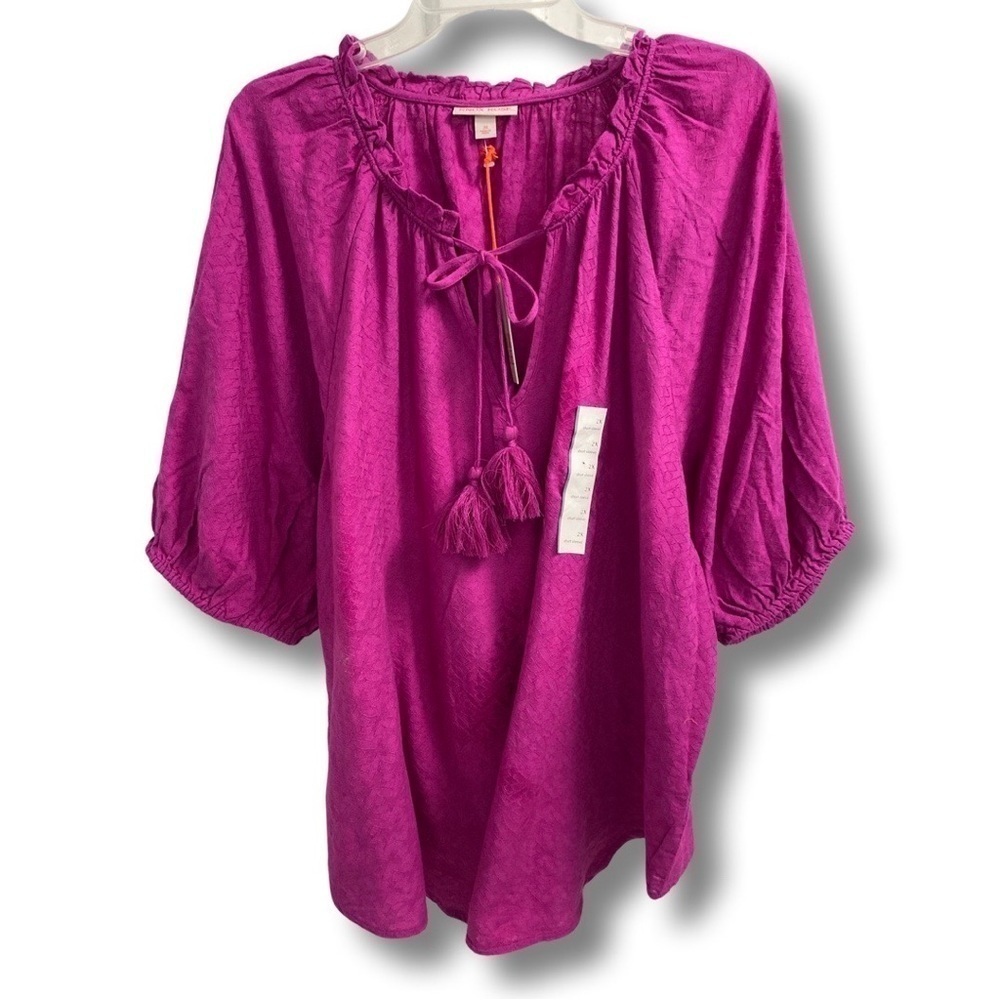Knox Rose Puff Elbow Sleeve V Neck Peasant Blouse Top 2X Purple NEW - Picture 4 of 5